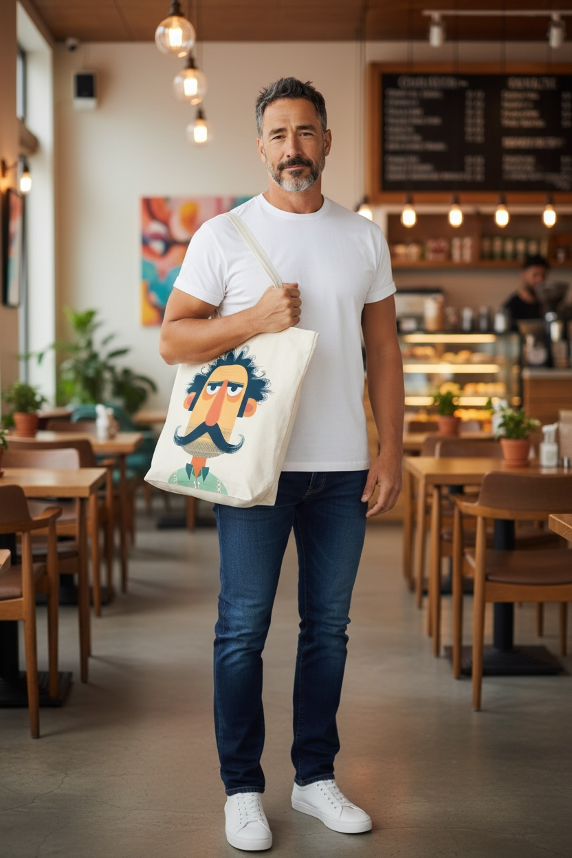 Borsa tote con illustrazione di un uomo baffuto