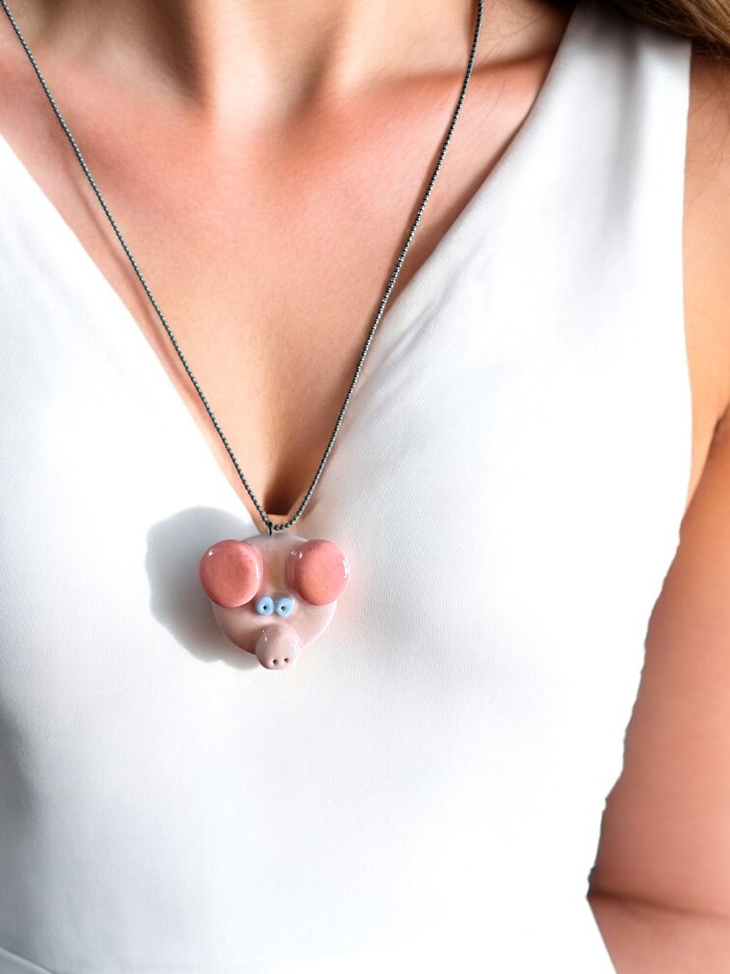 Ceramic Pig Pendant ( with necklace )