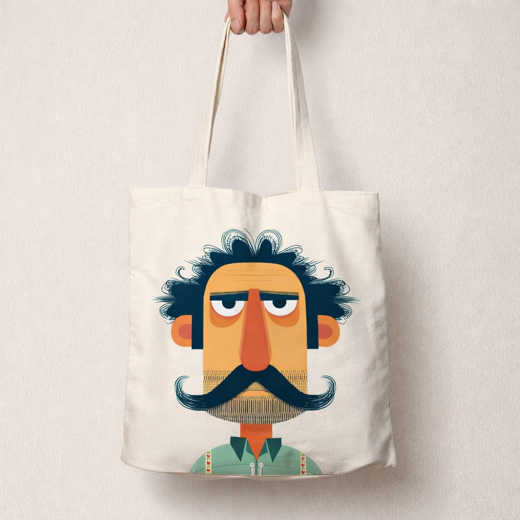 Borsa tote con illustrazione di un uomo baffuto