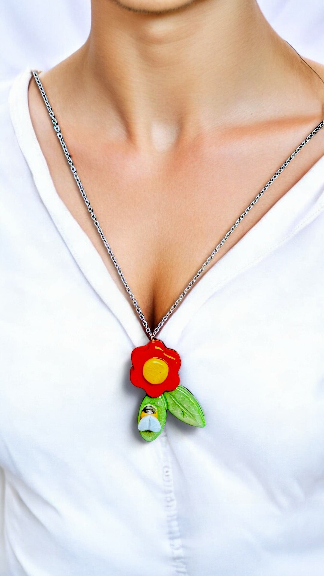Ceramic Flower and Bee  Pendant ( with necklace )