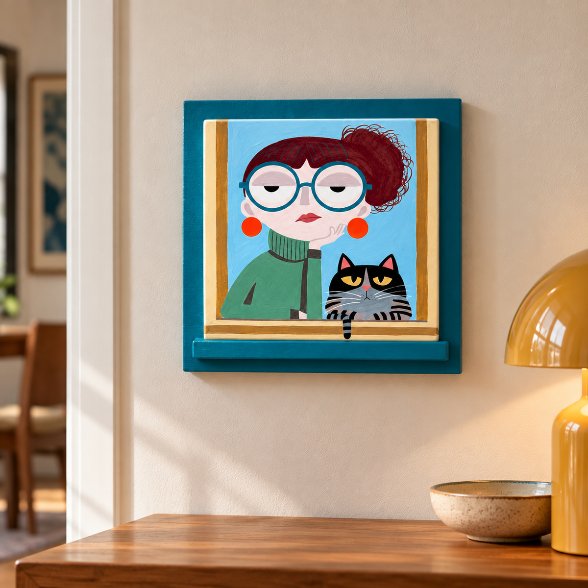 The Woman and the Cat  – Hand-Painted Ceramic Tile (20 × 20 cm)