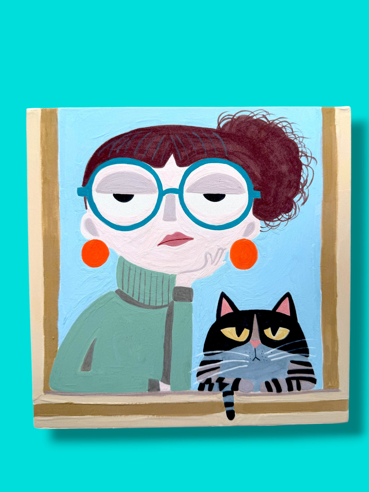 The Woman and the Cat  – Hand-Painted Ceramic Tile (20 × 20 cm)