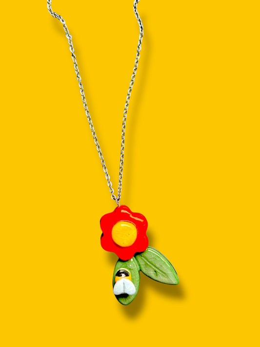 Ceramic Flower and Bee  Pendant ( with necklace )
