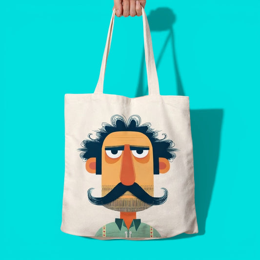Borsa tote con illustrazione di un uomo baffuto