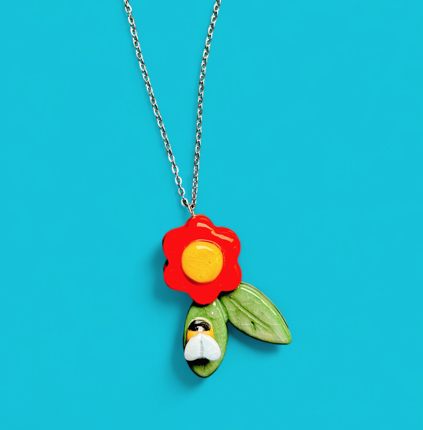 Ceramic Flower and Bee  Pendant ( with necklace )