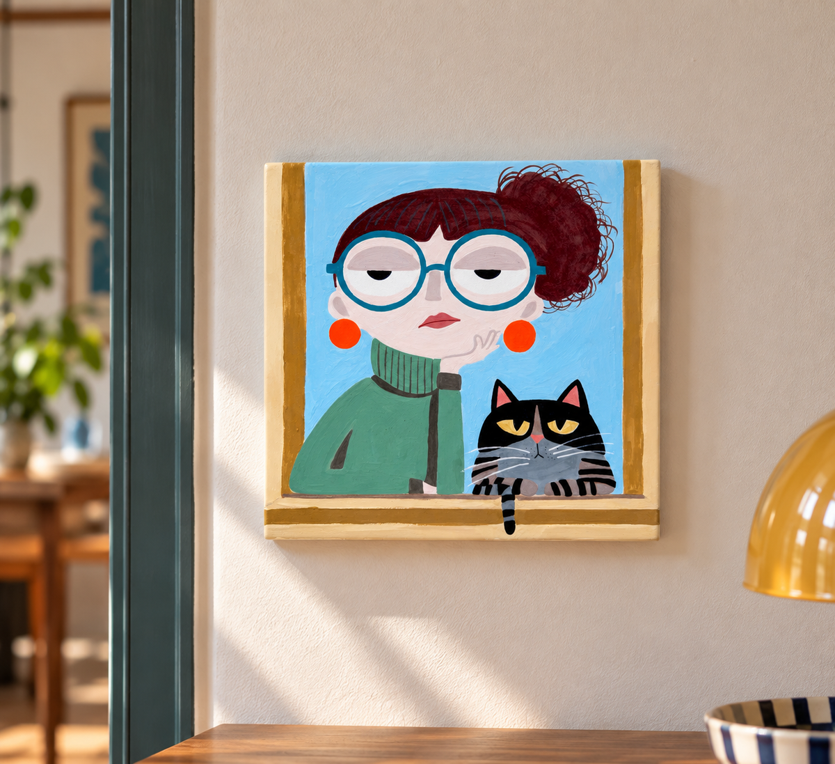 The Woman and the Cat  – Hand-Painted Ceramic Tile (20 × 20 cm)