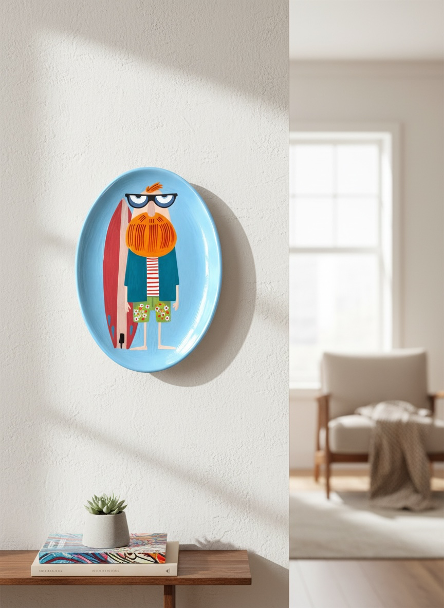 “The Reluctant Surfer” – Hand-Painted Ceramic Plate