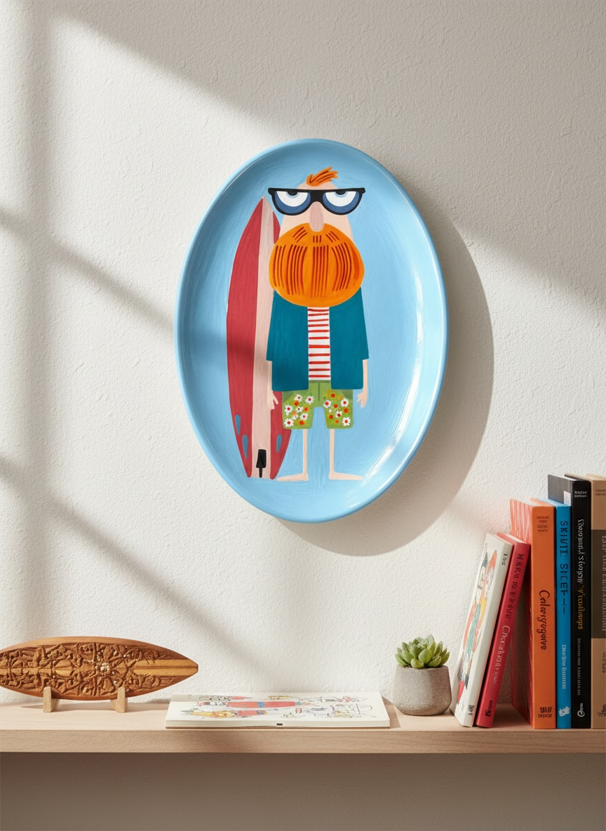 “The Reluctant Surfer” – Hand-Painted Ceramic Plate