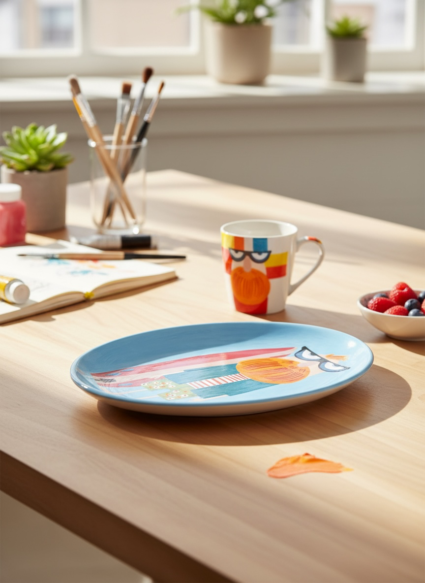 “The Reluctant Surfer” – Hand-Painted Ceramic Plate