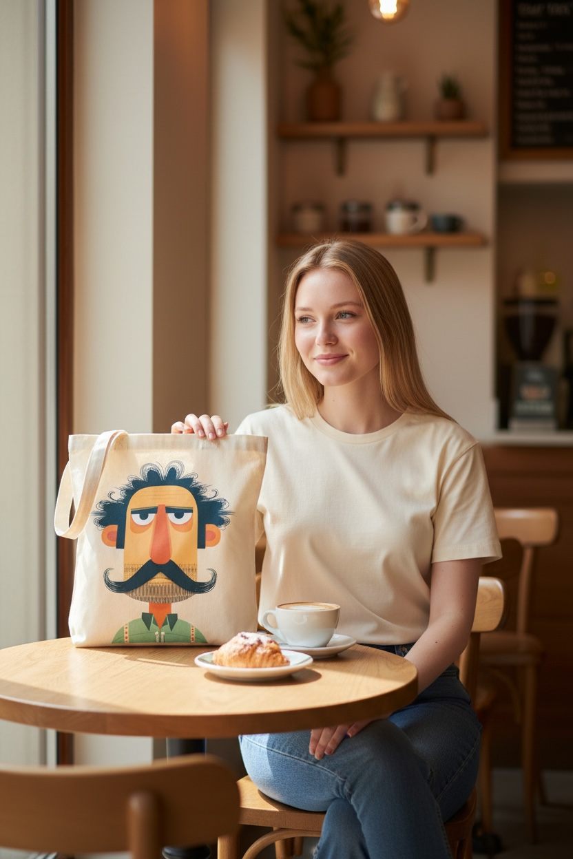 Borsa tote con illustrazione di un uomo baffuto