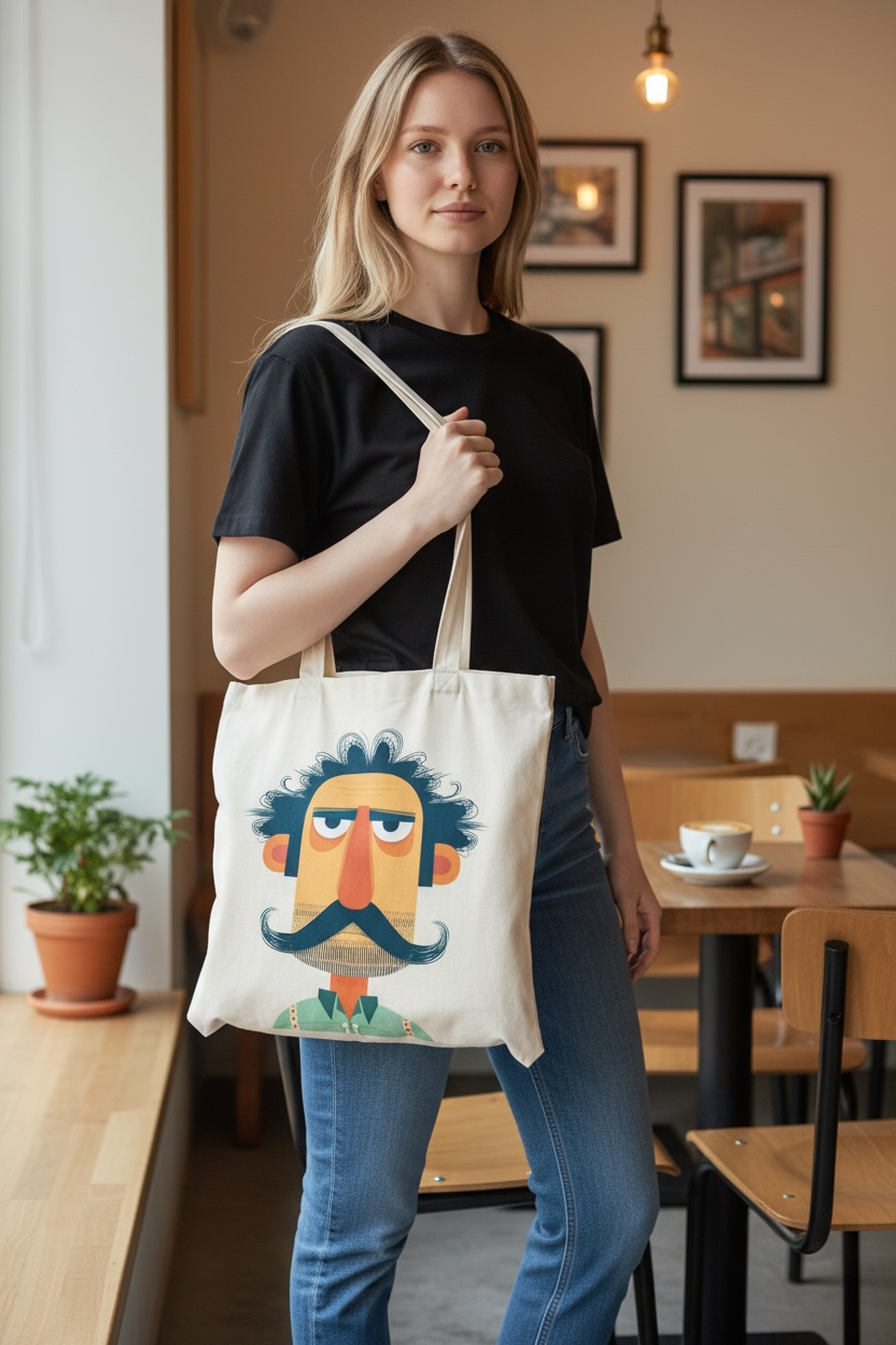 Borsa tote con illustrazione di un uomo baffuto
